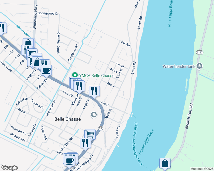 map of restaurants, bars, coffee shops, grocery stores, and more near 307 East 2nd Street in Belle Chasse