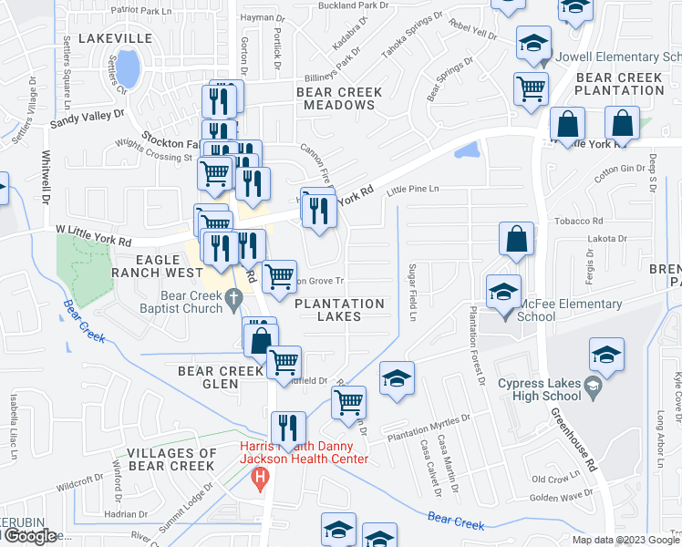 map of restaurants, bars, coffee shops, grocery stores, and more near 6007 Plantation Crest Drive in Katy