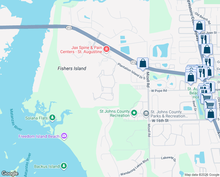 map of restaurants, bars, coffee shops, grocery stores, and more near 171 Sunset Circle South in St. Augustine
