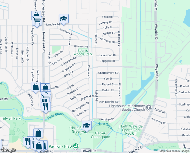 map of restaurants, bars, coffee shops, grocery stores, and more near 10117 Rebel Road in Houston
