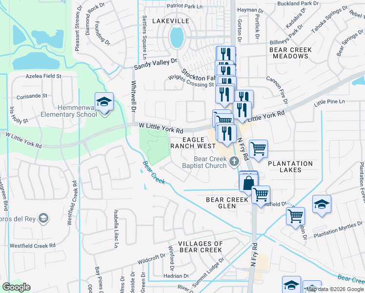 map of restaurants, bars, coffee shops, grocery stores, and more near 20222 Coopers Gulch Trail in Katy