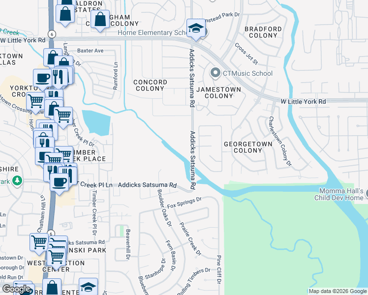 map of restaurants, bars, coffee shops, grocery stores, and more near 6011 Addicks Satsuma Road in Houston