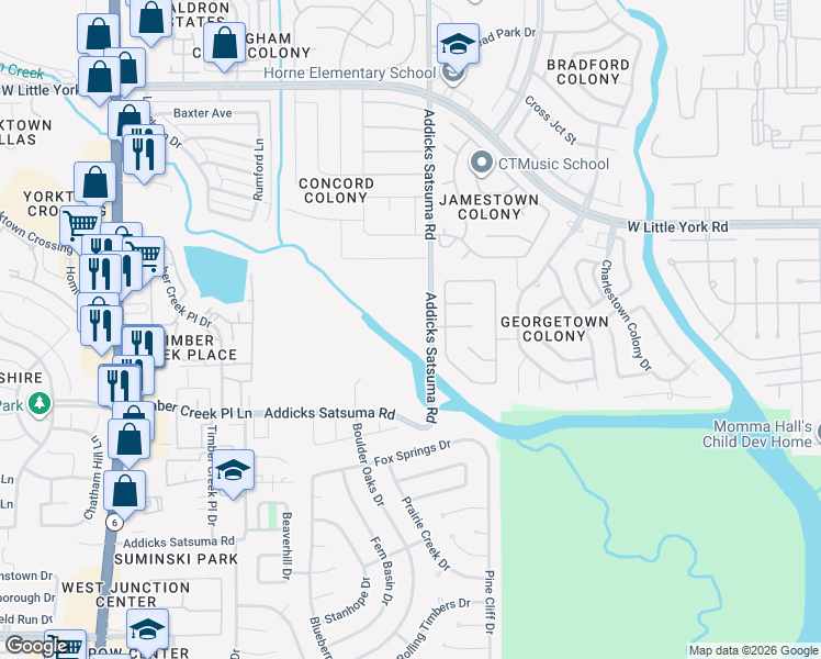 map of restaurants, bars, coffee shops, grocery stores, and more near 6011 Addicks Satsuma Road in Houston