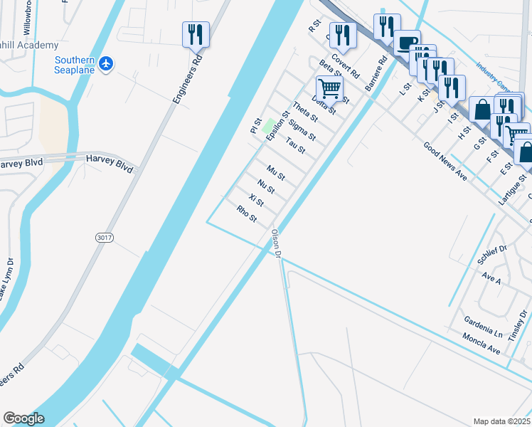 map of restaurants, bars, coffee shops, grocery stores, and more near 1104 Barriere Road in Belle Chasse