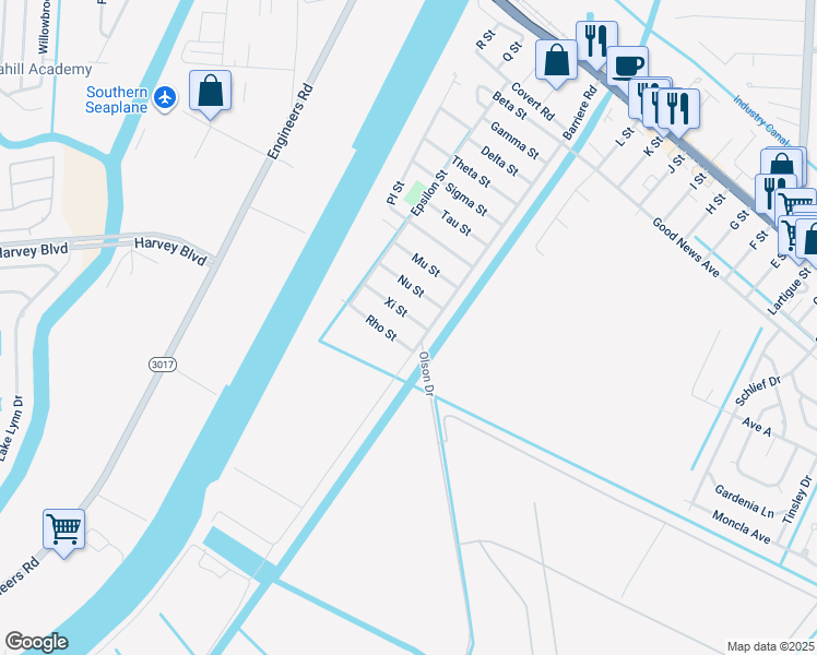 map of restaurants, bars, coffee shops, grocery stores, and more near 1104 Barriere Road in Belle Chasse