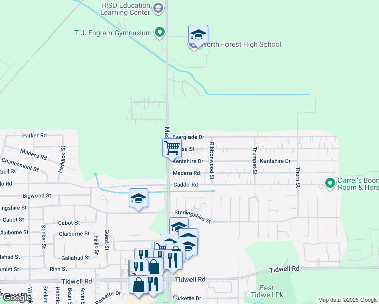 map of restaurants, bars, coffee shops, grocery stores, and more near 8837 Kentshire Drive in Houston