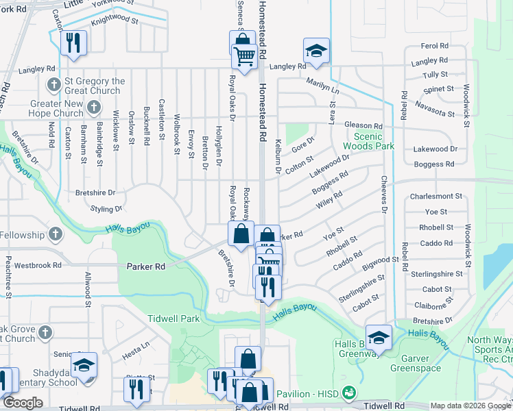 map of restaurants, bars, coffee shops, grocery stores, and more near 10129 Homestead Road in Houston