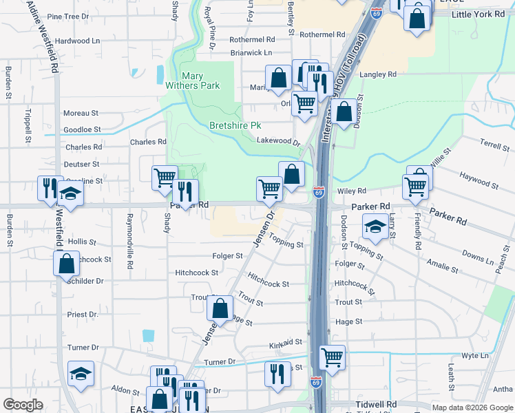 map of restaurants, bars, coffee shops, grocery stores, and more near 10191 Jensen Drive in Houston