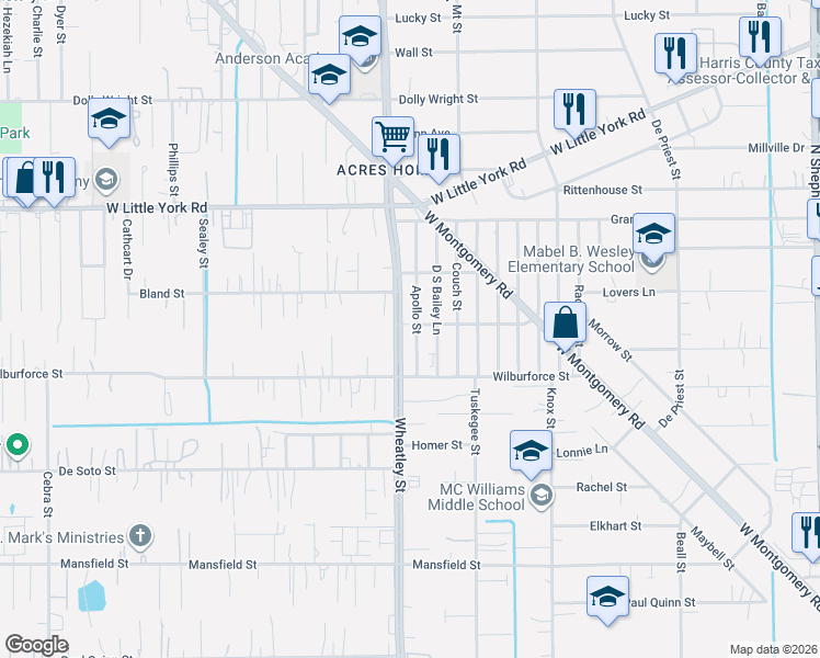 map of restaurants, bars, coffee shops, grocery stores, and more near 6533 Apollo Street in Houston