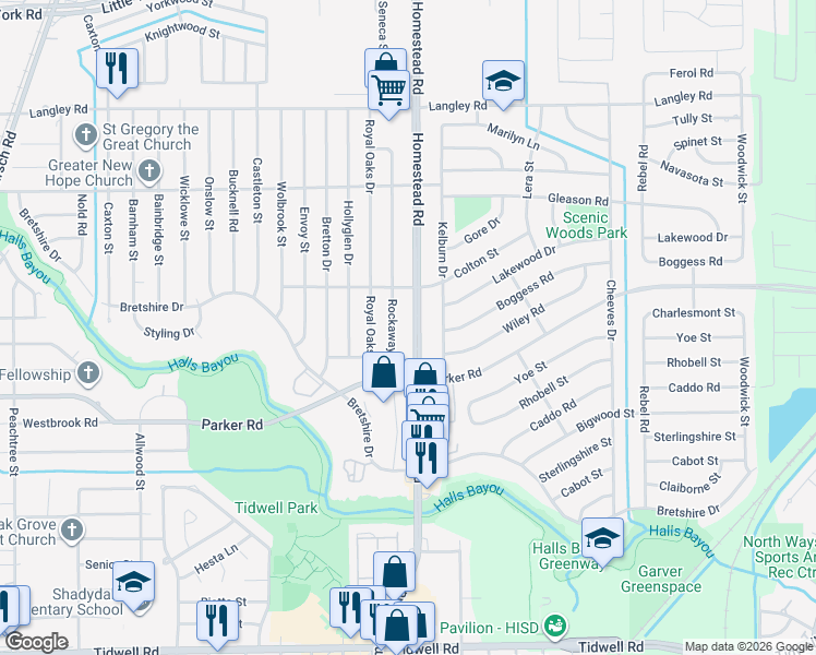 map of restaurants, bars, coffee shops, grocery stores, and more near 10129 Homestead Road in Houston