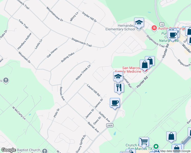 map of restaurants, bars, coffee shops, grocery stores, and more near 212 Mary Max Circle in San Marcos