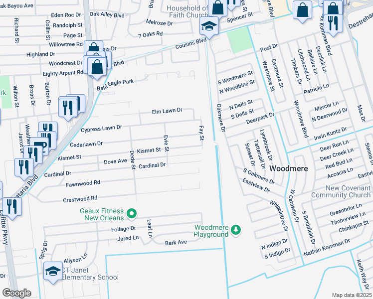 map of restaurants, bars, coffee shops, grocery stores, and more near 2944 Dove Avenue in Marrero