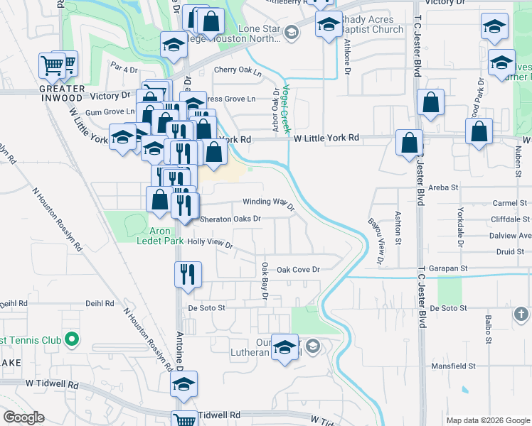 map of restaurants, bars, coffee shops, grocery stores, and more near 5423 Sheraton Oaks Drive in Houston