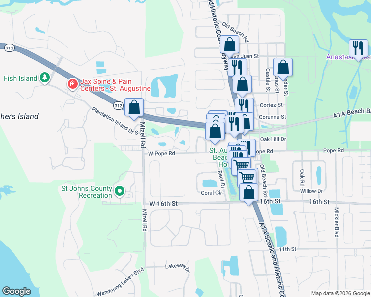map of restaurants, bars, coffee shops, grocery stores, and more near in St. Johns County