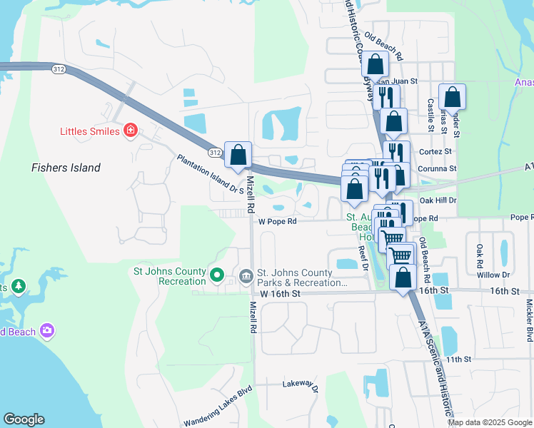 map of restaurants, bars, coffee shops, grocery stores, and more near 268 Ocean Cay Boulevard in St. Augustine