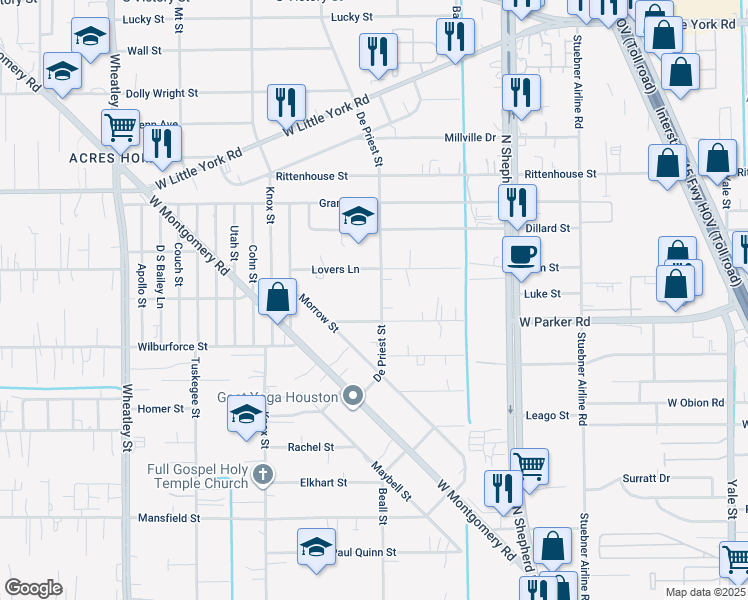 map of restaurants, bars, coffee shops, grocery stores, and more near 6506 De Priest Street in Houston