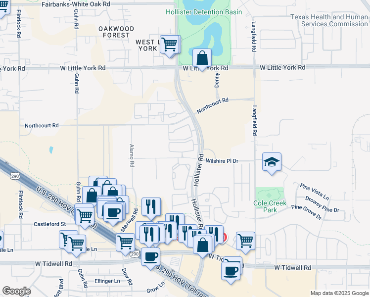 map of restaurants, bars, coffee shops, grocery stores, and more near 7550 Wilshire Place Drive in Houston