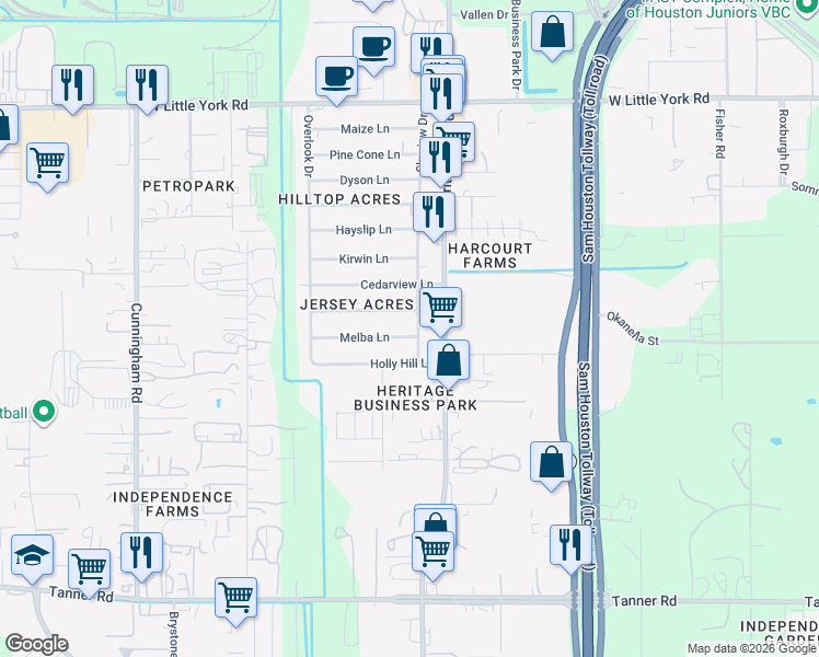 map of restaurants, bars, coffee shops, grocery stores, and more near 11011 Melba Lane in Houston