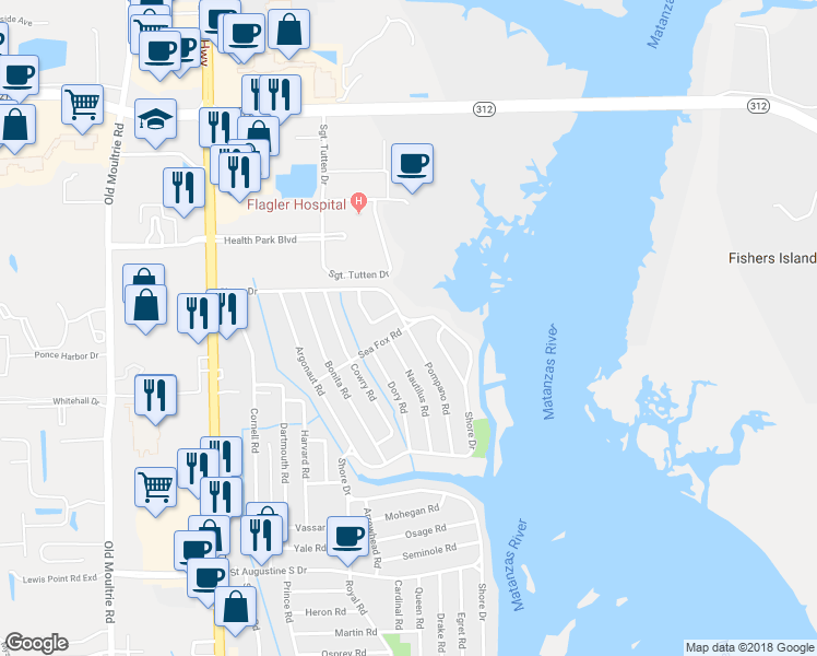 map of restaurants, bars, coffee shops, grocery stores, and more near 81 Pompano Road in Saint Augustine