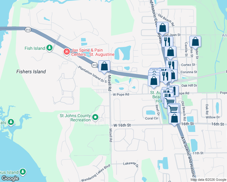 map of restaurants, bars, coffee shops, grocery stores, and more near 268 Ocean Cay Boulevard in St. Augustine