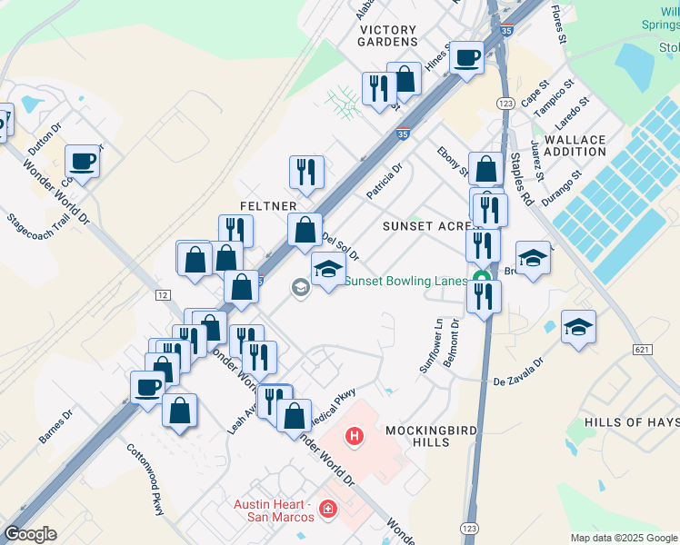 map of restaurants, bars, coffee shops, grocery stores, and more near 1805 Peter Garza Drive in San Marcos