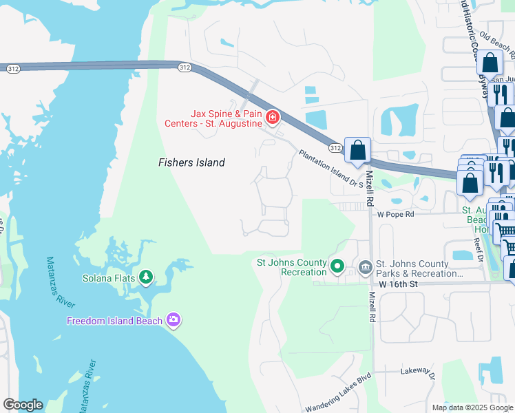 map of restaurants, bars, coffee shops, grocery stores, and more near 161 Sunset Circle South in St. Augustine