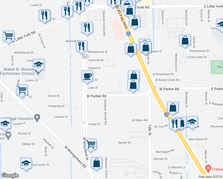 map of restaurants, bars, coffee shops, grocery stores, and more near 6534 Stuebner Airline Road in Houston