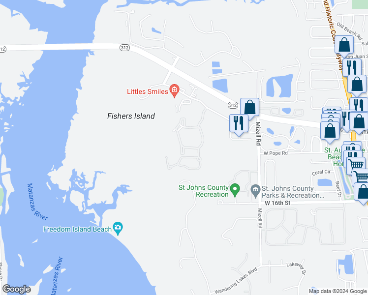 map of restaurants, bars, coffee shops, grocery stores, and more near 11107 Harbour Vista Circle in St. Augustine