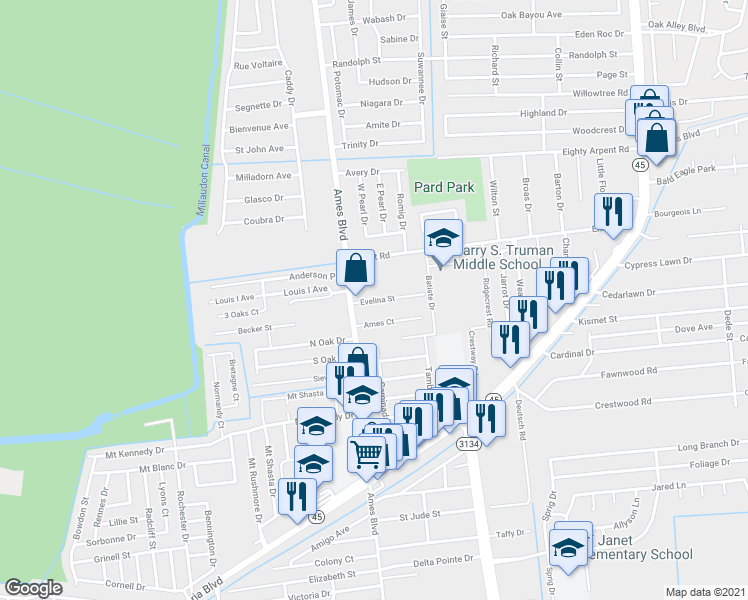 map of restaurants, bars, coffee shops, grocery stores, and more near 6225 Evelina Street in Marrero