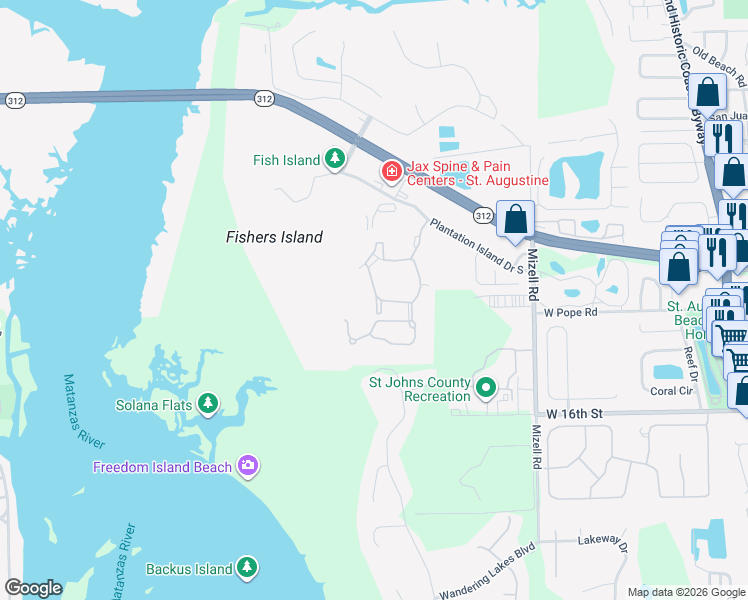 map of restaurants, bars, coffee shops, grocery stores, and more near 161 Sunset Circle South in St. Augustine