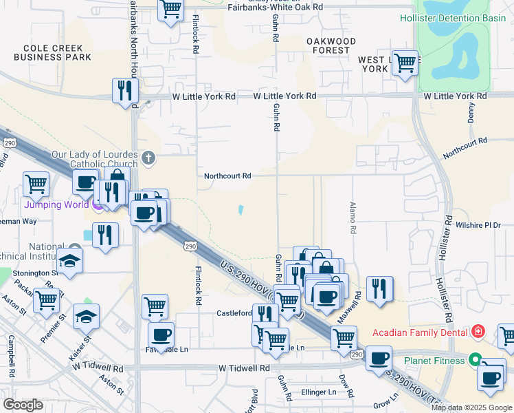 map of restaurants, bars, coffee shops, grocery stores, and more near 6329 Guhn Road in Houston