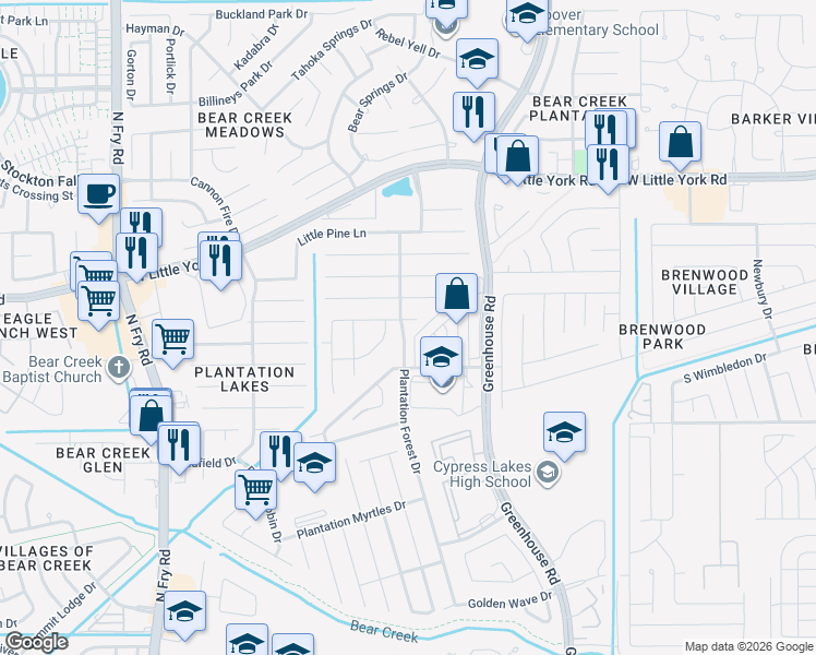 map of restaurants, bars, coffee shops, grocery stores, and more near 19419 Dry Canyon Court in Katy