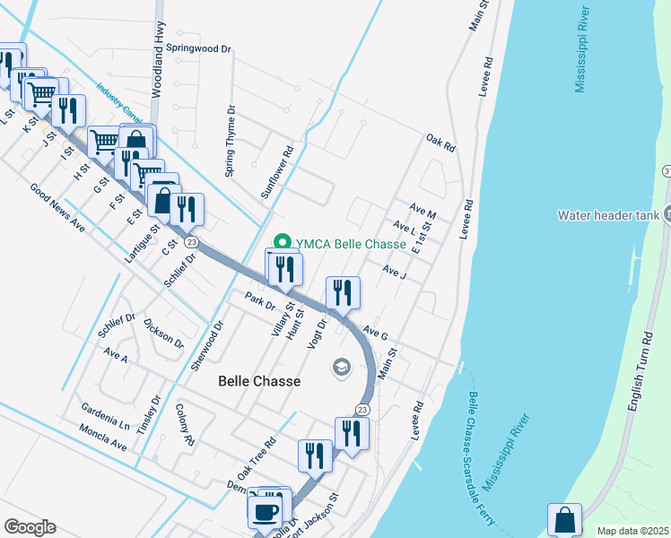 map of restaurants, bars, coffee shops, grocery stores, and more near 105 Kimble Street in Belle Chasse