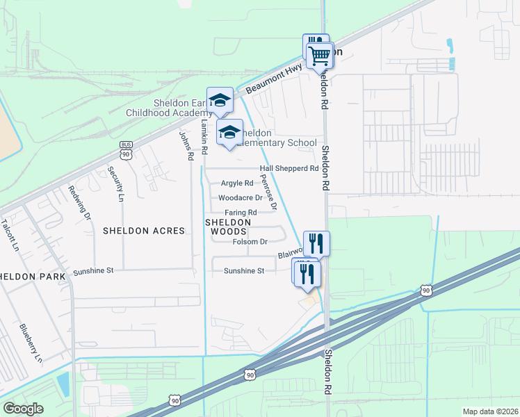 map of restaurants, bars, coffee shops, grocery stores, and more near 17130 Faring Road in Houston