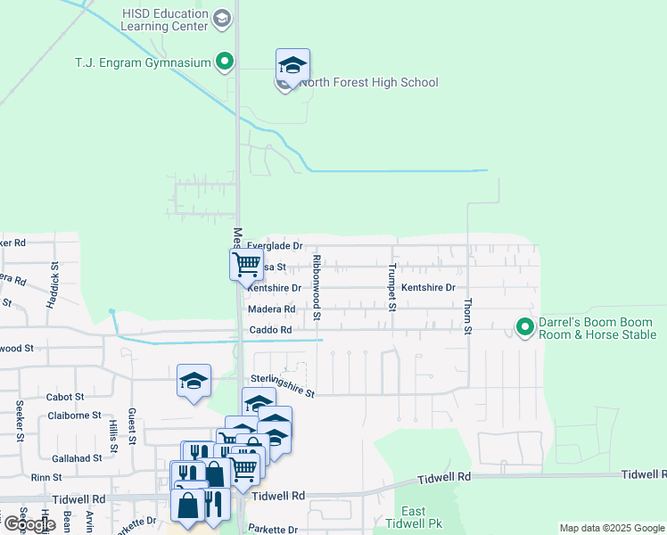 map of restaurants, bars, coffee shops, grocery stores, and more near 9021 Kentshire Drive in Houston