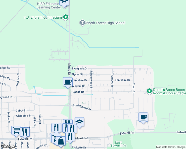 map of restaurants, bars, coffee shops, grocery stores, and more near 8933 Kentshire Drive in Houston