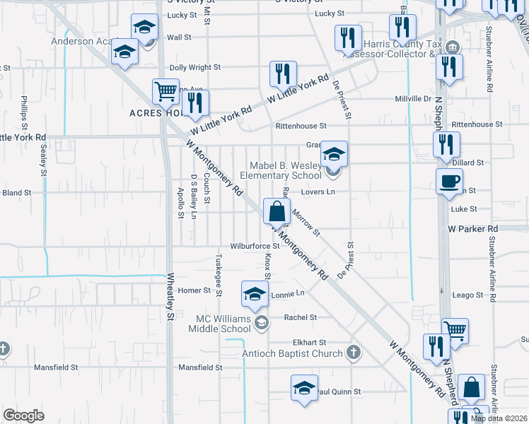 map of restaurants, bars, coffee shops, grocery stores, and more near 6500 Utah Street in Houston