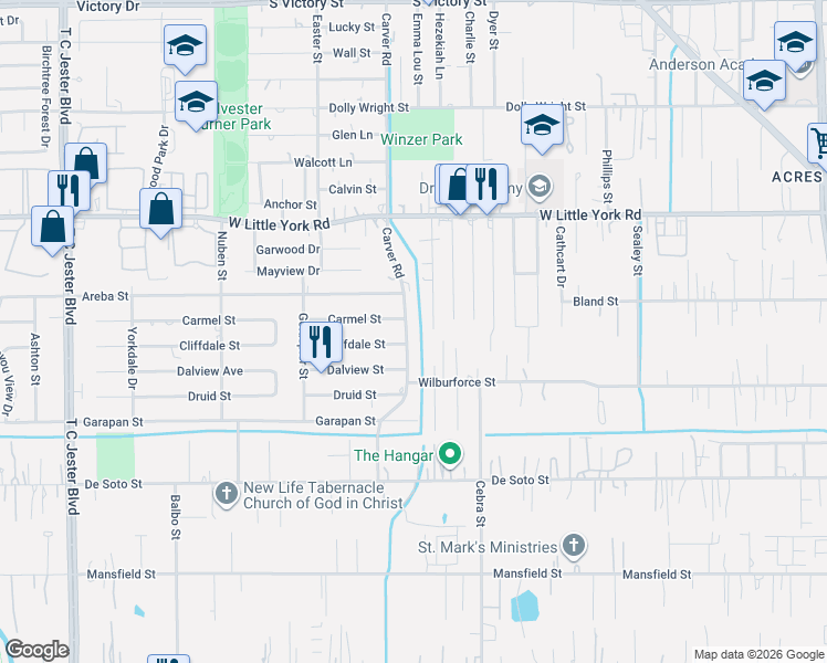 map of restaurants, bars, coffee shops, grocery stores, and more near 6526 Carver Road in Houston