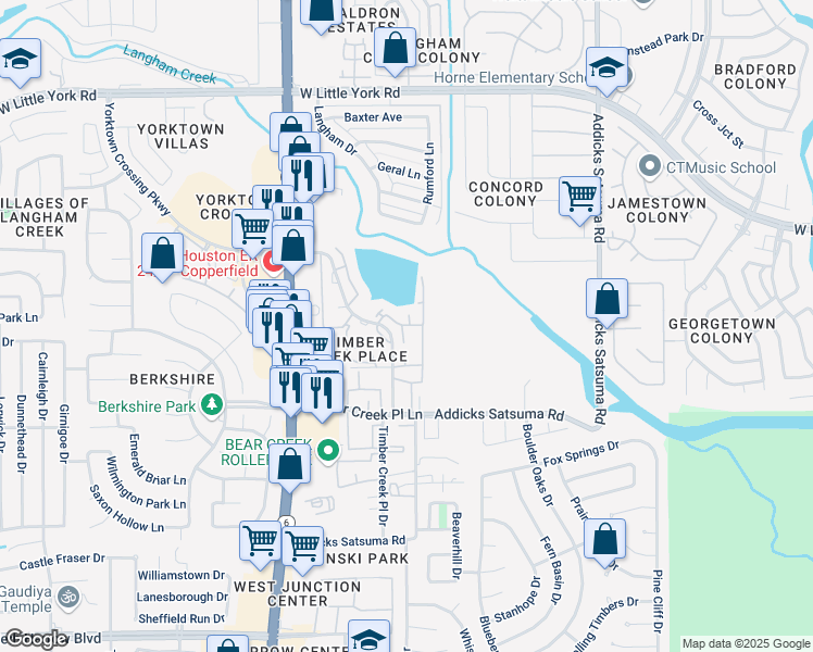 map of restaurants, bars, coffee shops, grocery stores, and more near 403 Timber Creek Place Drive in Houston