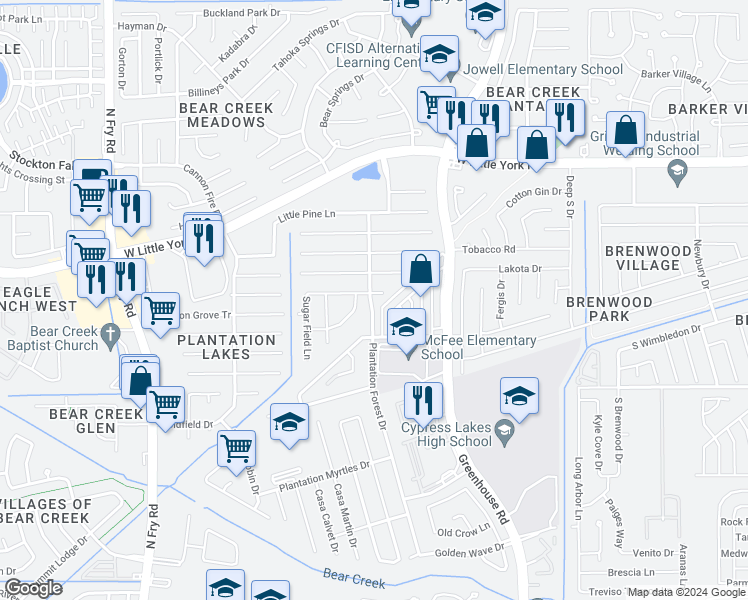 map of restaurants, bars, coffee shops, grocery stores, and more near 19421 Dry Canyon Court in Katy