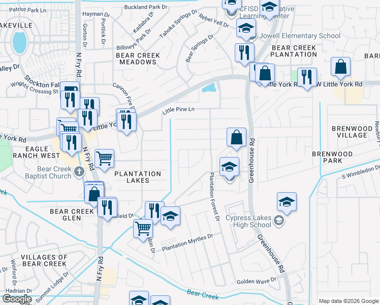 map of restaurants, bars, coffee shops, grocery stores, and more near 19438 Plantation Bend Lane in Katy