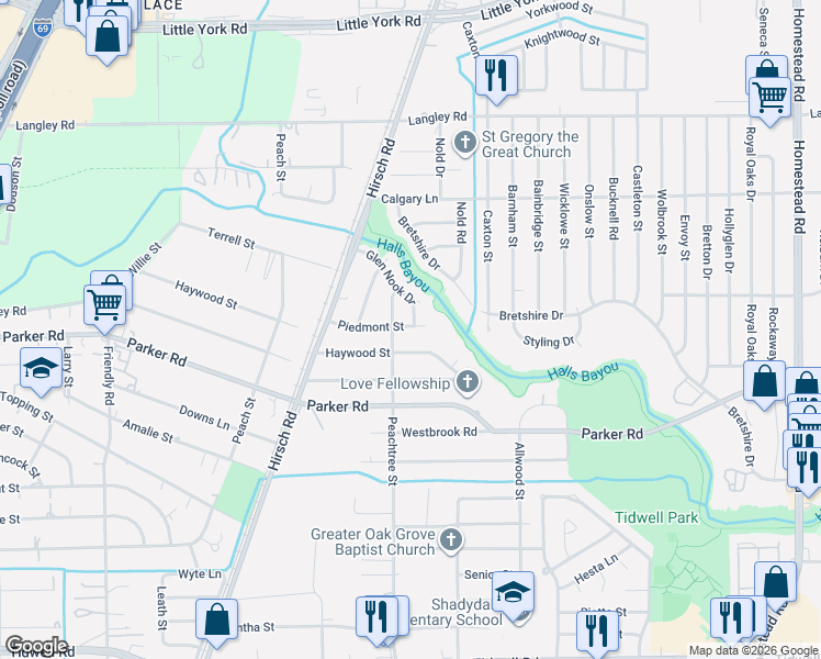 map of restaurants, bars, coffee shops, grocery stores, and more near 5401 Haywood Street in Houston