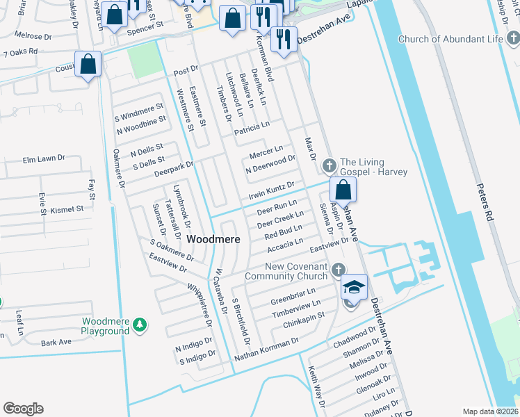 map of restaurants, bars, coffee shops, grocery stores, and more near 3877 Deer Run Lane in Harvey