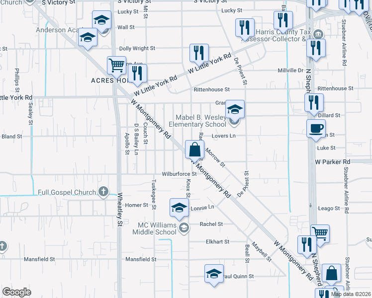 map of restaurants, bars, coffee shops, grocery stores, and more near 6500 Utah Street in Houston