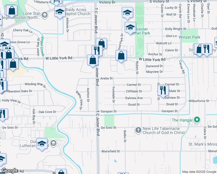 map of restaurants, bars, coffee shops, grocery stores, and more near 3214 Cliffdale Street in Houston