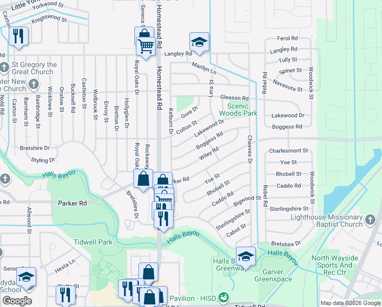 map of restaurants, bars, coffee shops, grocery stores, and more near 7229 Wiley Road in Houston