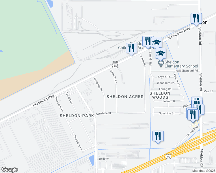 map of restaurants, bars, coffee shops, grocery stores, and more near 9110 Redwing Drive in Houston