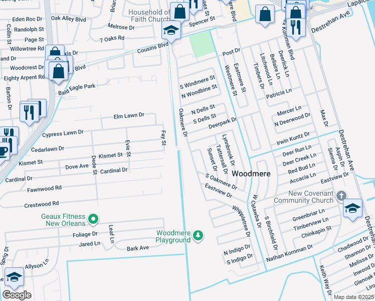 map of restaurants, bars, coffee shops, grocery stores, and more near 2444 Oakmere Drive in Harvey