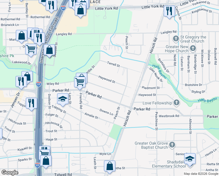 map of restaurants, bars, coffee shops, grocery stores, and more near 4620 Wiley Road in Houston