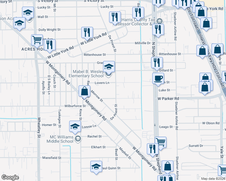 map of restaurants, bars, coffee shops, grocery stores, and more near 6506 De Priest Street in Houston